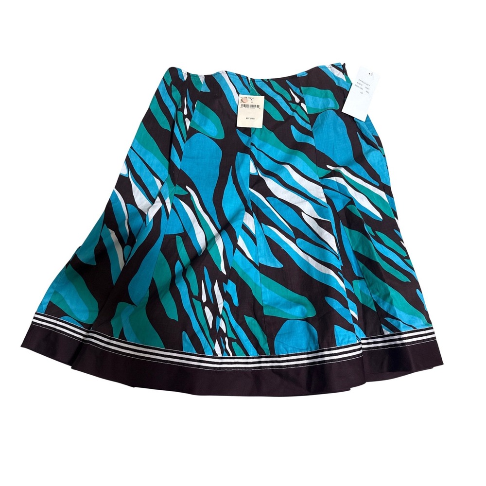 Notations Womens Abstract Print A-Line Midi Skirt Blue Brown Cotton Size 10 NWT